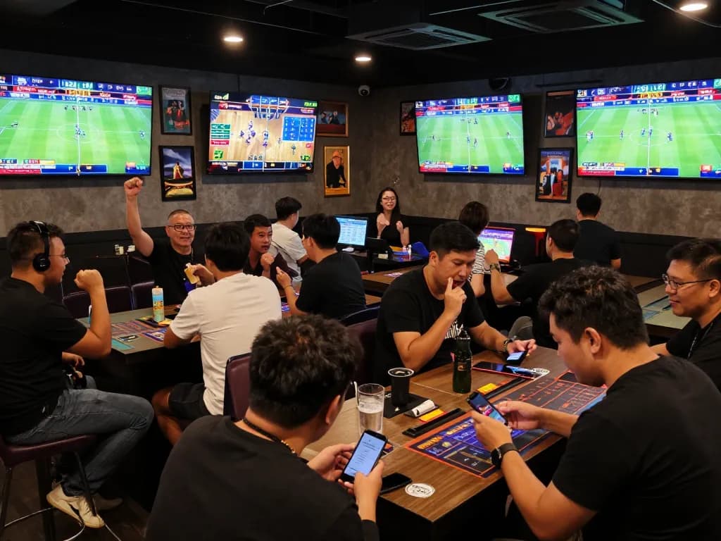 Bong88 patrons engaging in sports betting at a lively bar, cheering for their teams.
