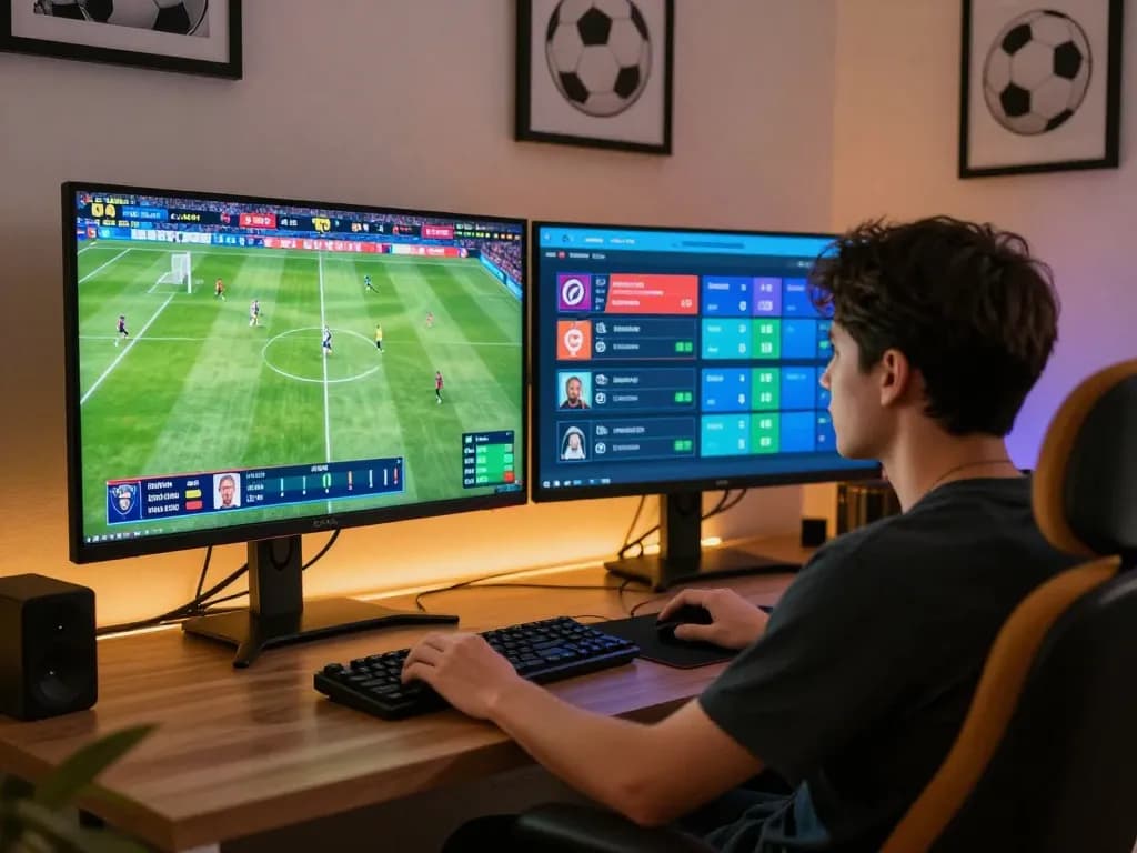 Xoilac user engaging in sports betting with live soccer match displayed on screens
