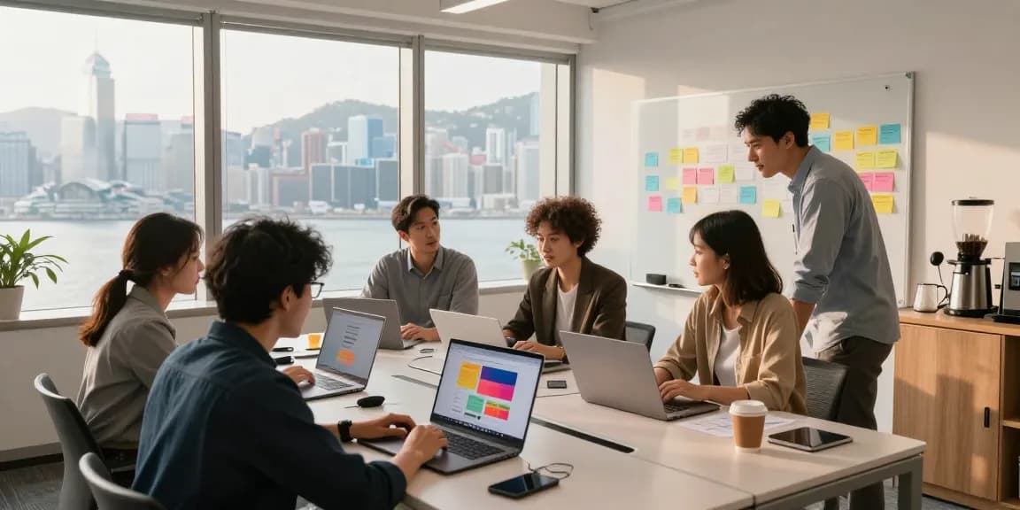Team collaborating at a web design agency in Hong Kong, showcasing innovative designs.