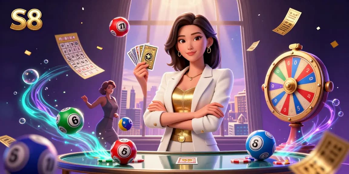 S8 casino scene showcasing an elegant businesswoman presenting golden cards amidst vibrant lottery elements and city skyline.