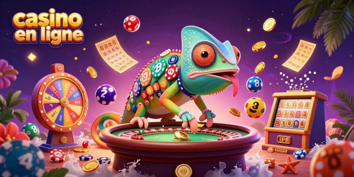 Jouez au casino en ligne avec notre propriétaire caméléon coloré sur fond festif.