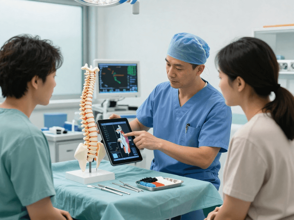Dar kanal ameliyatı consultation with a surgeon explaining spinal stenosis treatment options.