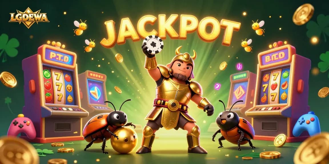 Celebrate a winning moment at LGODEWA with vibrant slots, golden coins, and a triumphant beetle champion.