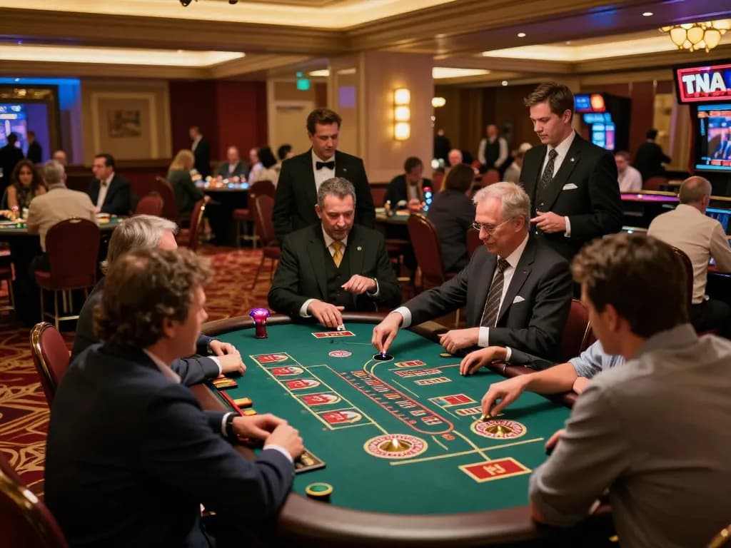 Players enjoying blackjack and roulette at a casino, highlighting 90phut's vibrant atmosphere and strategic gameplay.