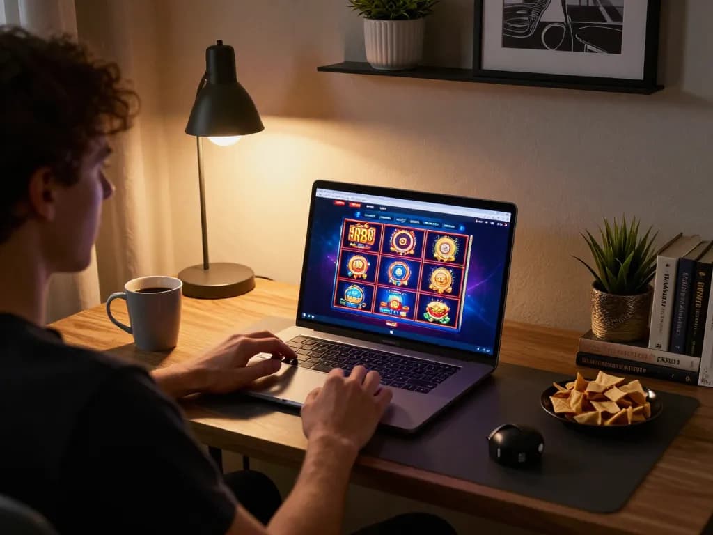Player enjoying engaging slots on the RR88 online casino in a cozy home setup.