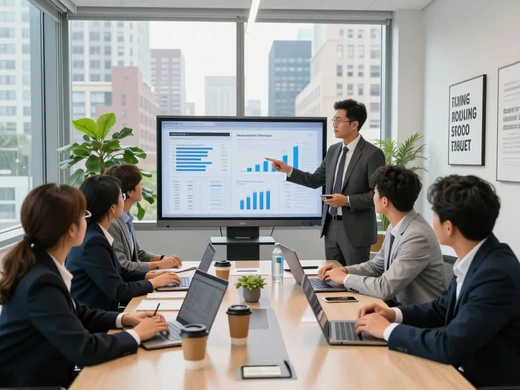 Team collaboration in NYC office showcasing Best SEO Company NYC strategies with engaging presentations and skyline view.