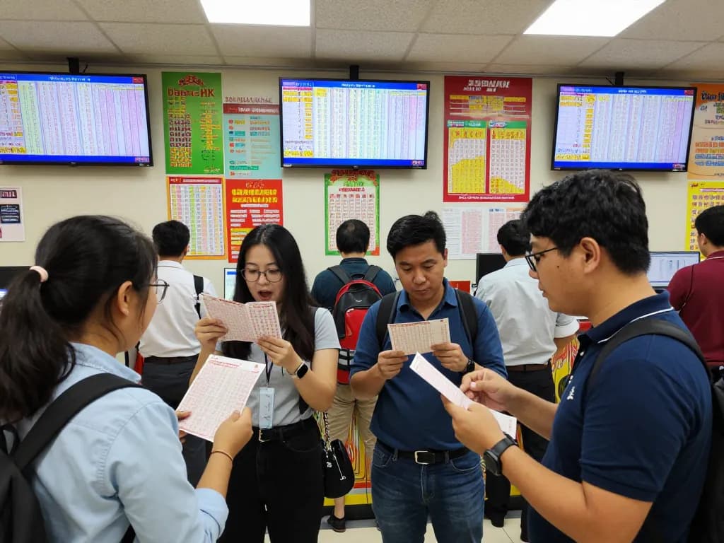 Players eagerly checking Data HK lottery results in a vibrant lottery center.