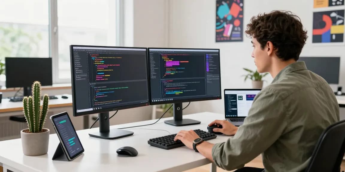 Engineer coding dual monitors displaying openai jobs in vibrant tech workspace.