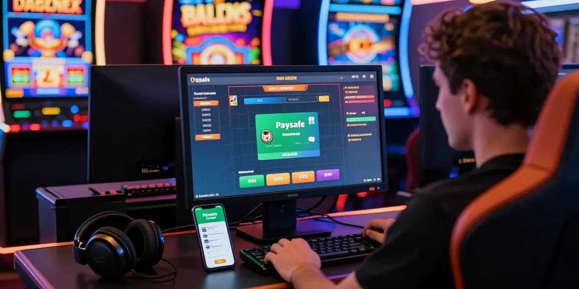 Spannendes Paysafe Card Casino Erlebnis mit einem Spieler, der einen Gaming-Computer und eine mobile App zwischen lebhaften Spielautomaten nutzt.