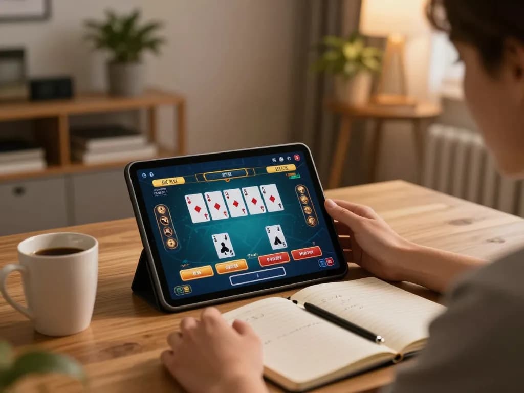 uk88 player strategizing in cozy home setting with online casino tablet interface