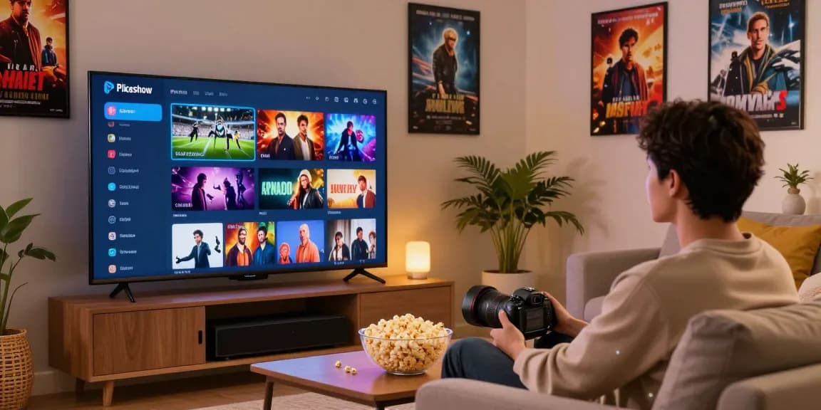 Pikashow APK streaming setup with user watching movies on smart TV, cozy living room atmosphere.