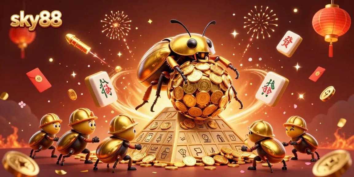 Engage with sky88's vibrant casino experience featuring golden beetles and festive elements.
