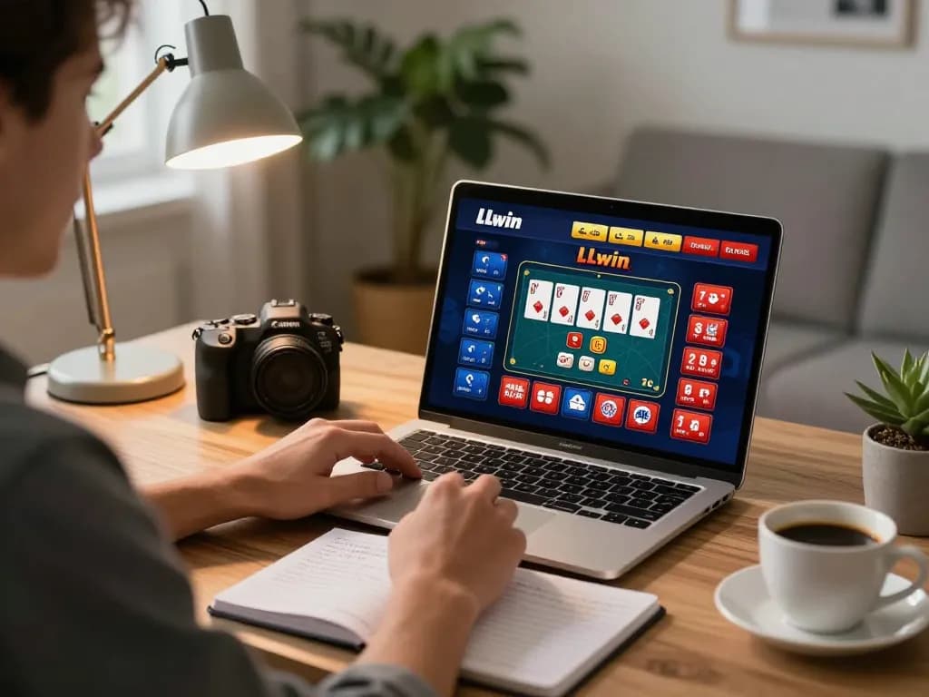 Engaging with LLwin's online casino interface while strategizing on a laptop in a cozy home setting.
