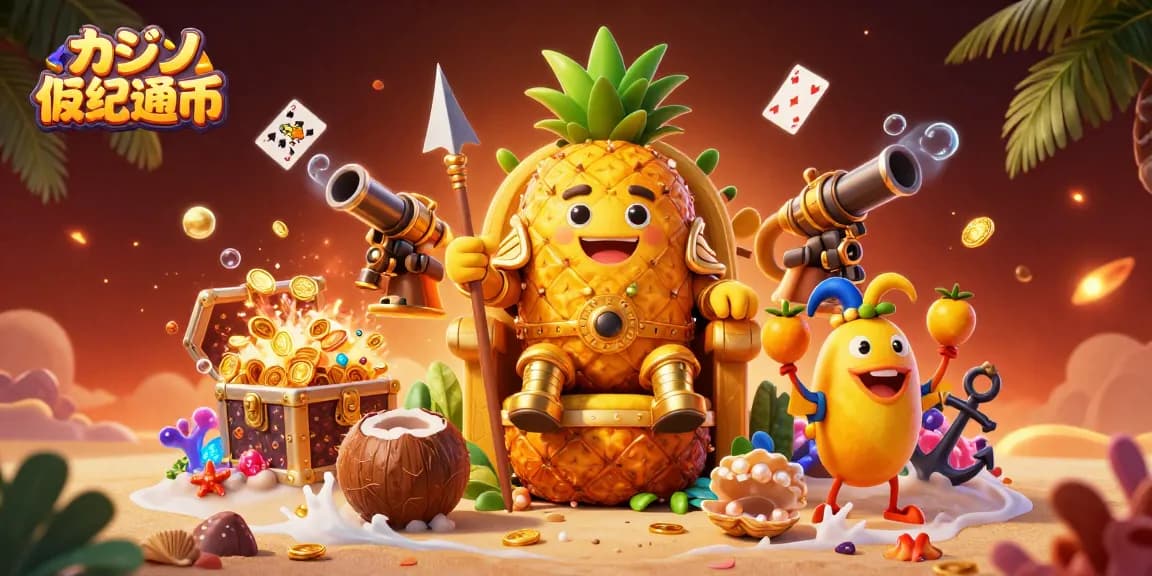 カジノ 仮想通貨をテーマにしたデジタルアート、トロピカルな王様と守護者たちが描かれています。