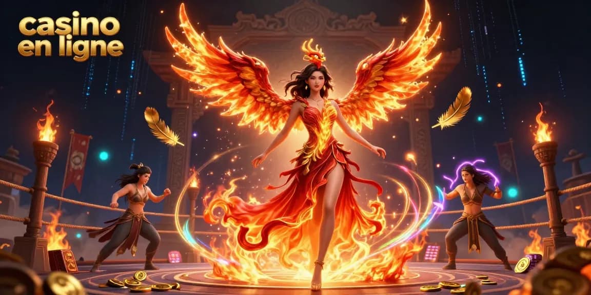 Experience the excitement at the casino en ligne with a fiery scene showcasing a stunning Asian woman and her phoenix companion.