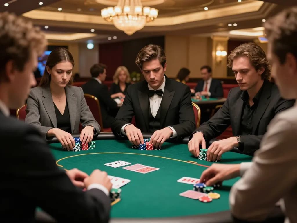 tv88 players strategizing at a glamorous poker table in a high-stakes casino