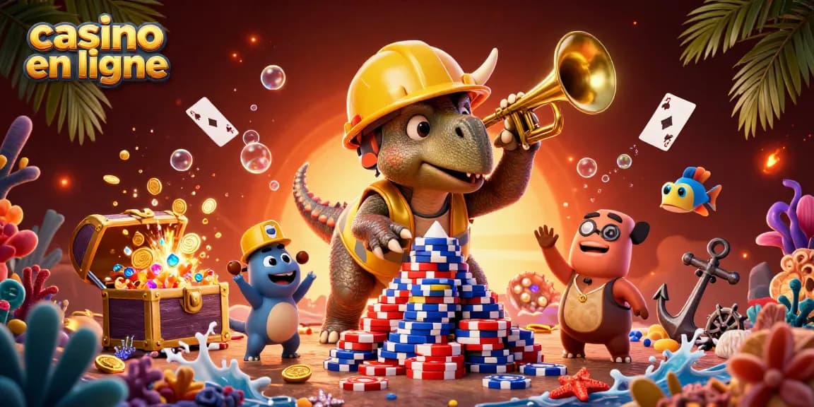 Découvrez les aventures de casino en ligne avec un triceratops et un parasaurolophus célébrant l'accumulation de jetons de poker.