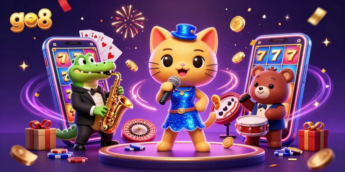 Engage with go8's vibrant casino atmosphere featuring a singing cat, a crocodile musician, and a drum-playing bear.