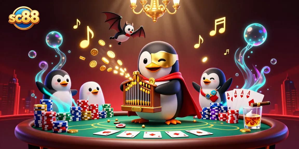 Engage with sc88's dynamic casino scene featuring a cartoon penguin and poker elements.