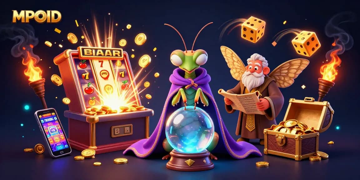 Experience the excitement of MPOID with a vibrant cartoon scene filled with slot machines and fortune tellers.