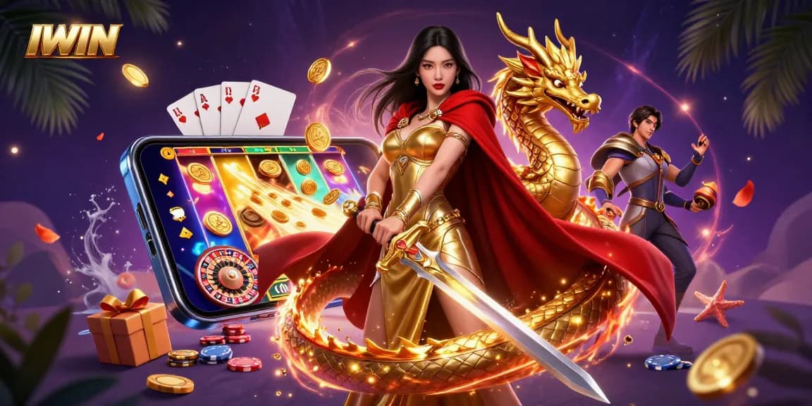 Experience IWIN with a vibrant scene of exciting casino gameplay featuring epic characters and dynamic elements.