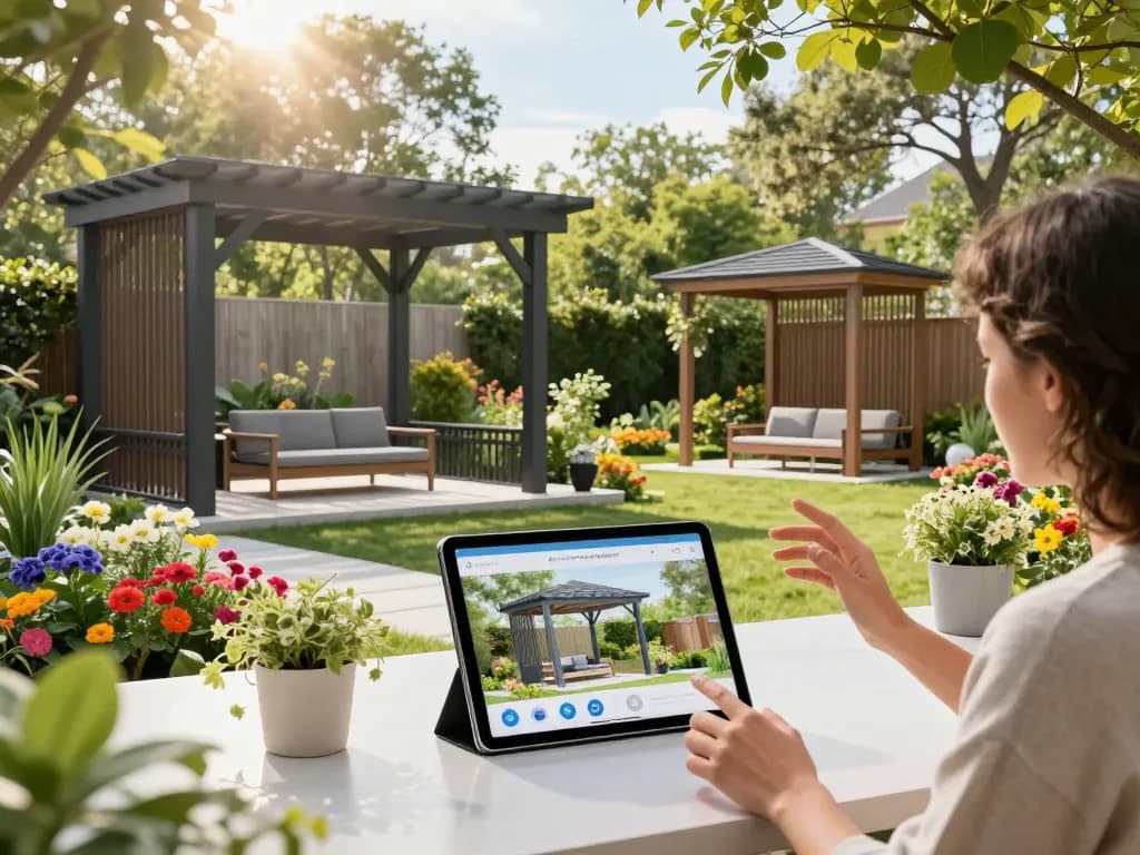 Engaging client demonstration of the All-in-One pergola Configurator in a vibrant outdoor garden.