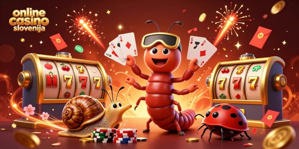 Igrajte v online casino Slovenija z energičnim 3D ilustracijskim prizorom kartičnega delivca in srečneža, obdanega z igralnimi elementi.