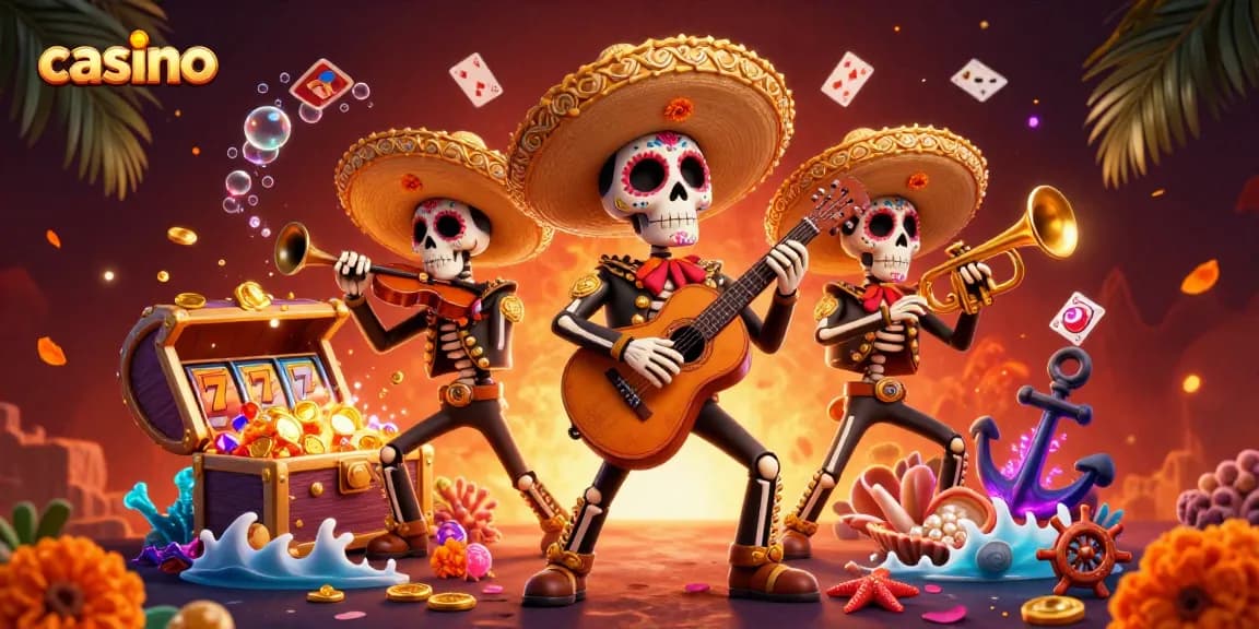 Experience the vibrant energy of a casino with a mariachi band celebrating amidst slot games and treasure.