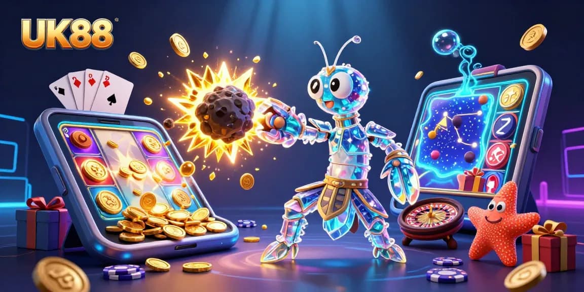 Engage with captivating UK88 gaming adventure featuring dynamic characters and bright casino elements.