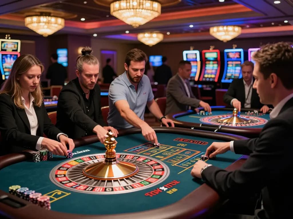 Exciting roulette gameplay at OKWIN casino with players placing bets and a spinning wheel.