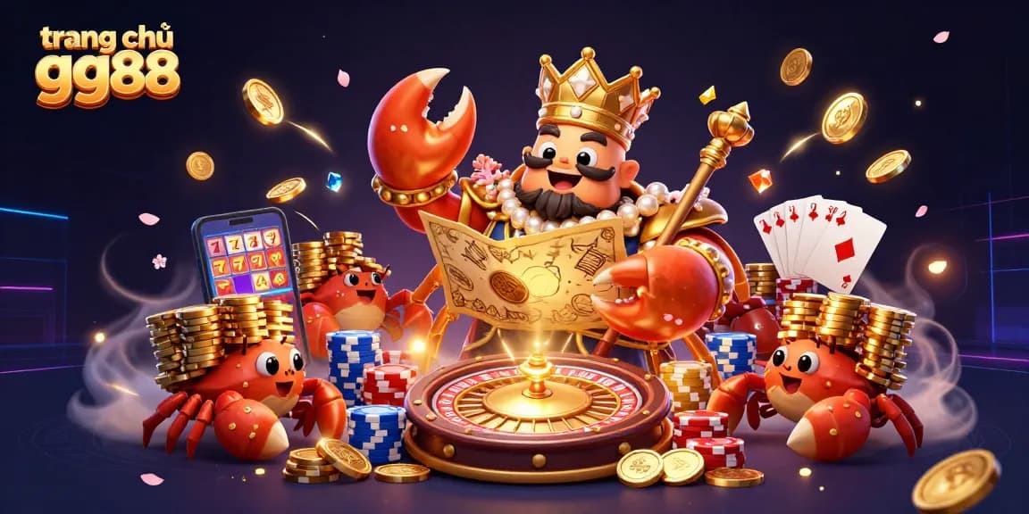 Spin to win at trang chủ gg88 with a festive golden crab and vibrant casino elements.