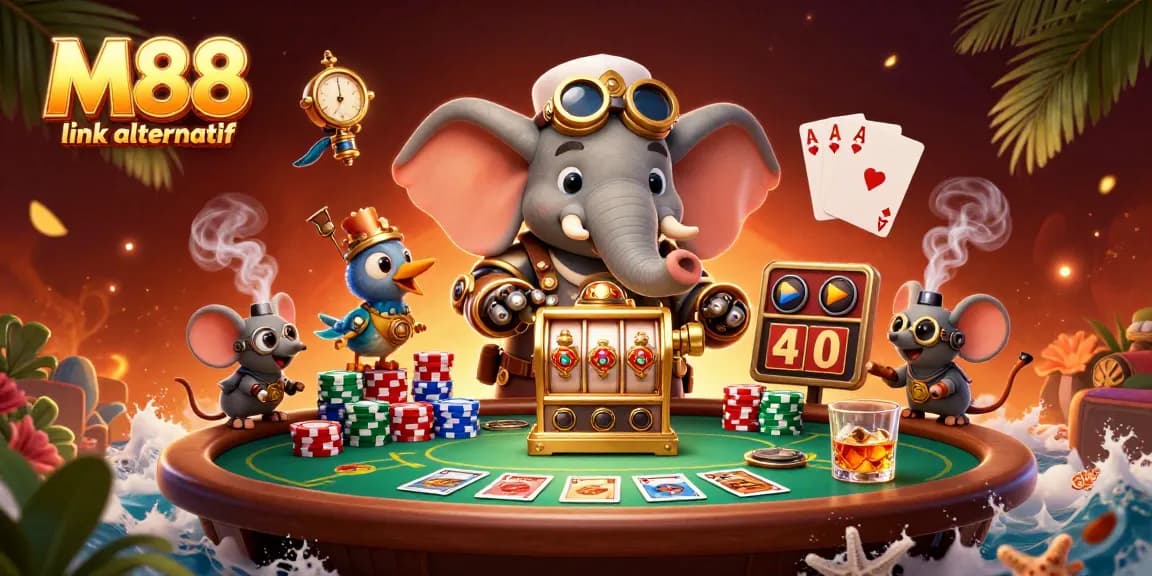 Spin the reels with M88 link alternatif amidst vibrant casino elements in dynamic 3D illustration.