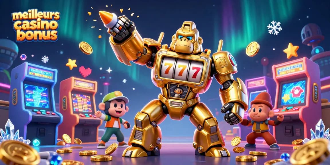 Jouer aux meilleurs bonus de casino avec un gorille mech en or et des machines à sous colorées.