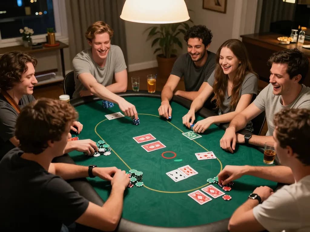 Friends enjoying a home poker game at night, embracing the experience of 68gamebaivn.