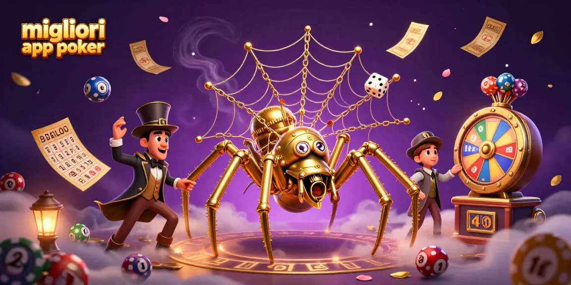 Migliori app poker: simboli e giochi di poker si intrecciano in un'immagine vivace e dinamica.