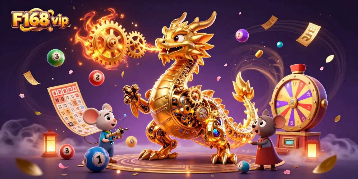 Experience F168 vip with a golden dragon and dynamic lottery elements lighting up the casino world.