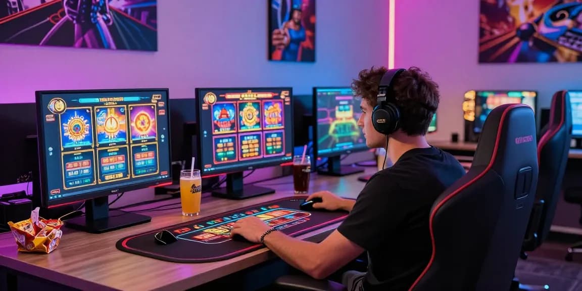 Player enjoying immersive gameplay at a credit card casino with multiple screens and vibrant lighting.