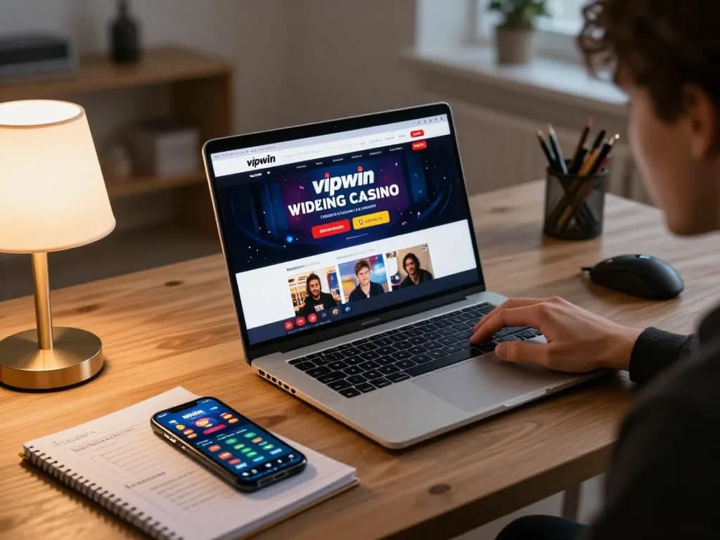 Engaged player using the vipwin online casino on laptop, highlighting a strategic gaming atmosphere.