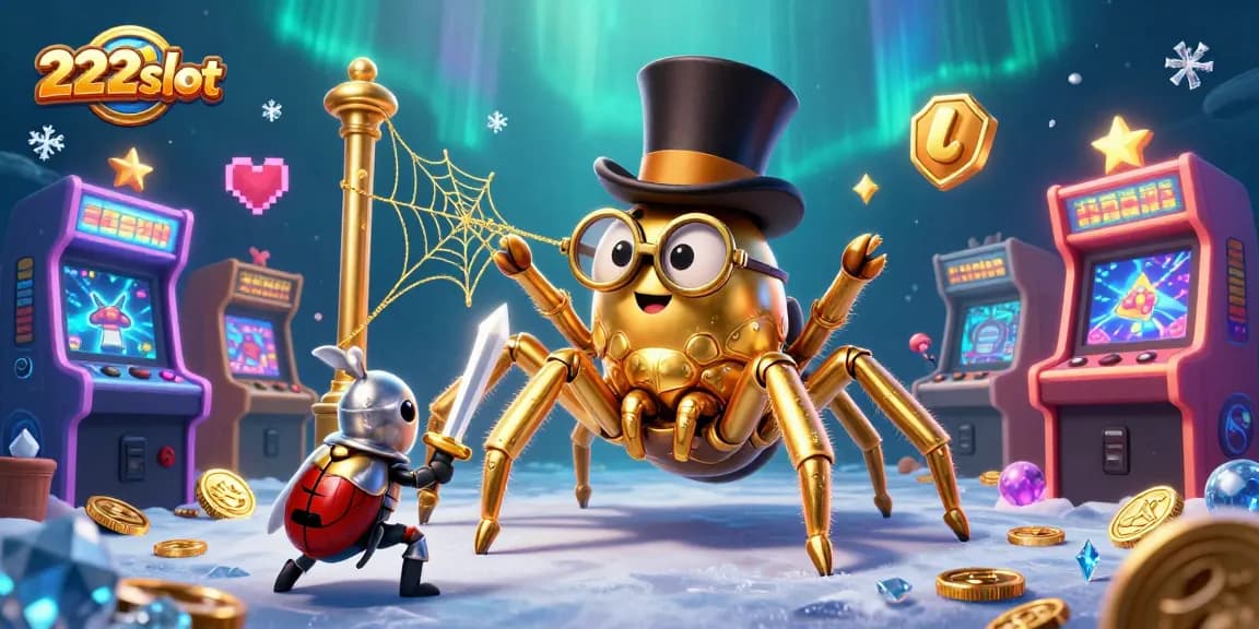 Permainan slot gacor di 222slot dengan tarantula emas dan ksatria kecil dalam suasana kasino yang megah.