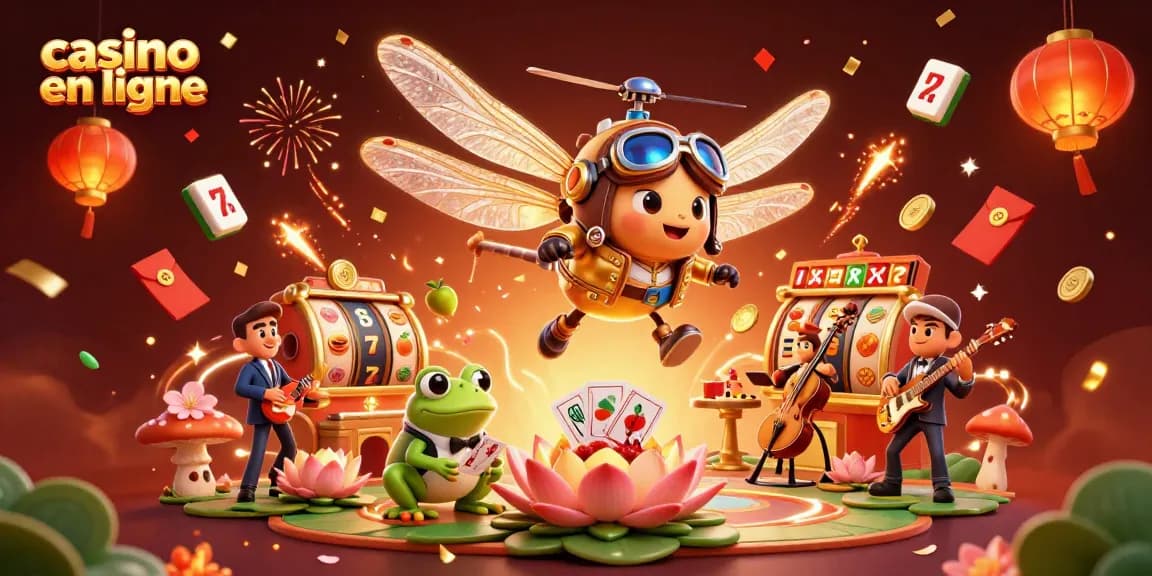 Images de croupiers et jeux dans un casino en ligne animé avec carte de jeu et confetti doré.