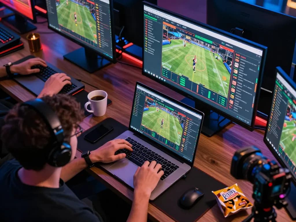 Engaged user analyzing live sports odds on multiple screens at keonhacaii88 for strategic betting.