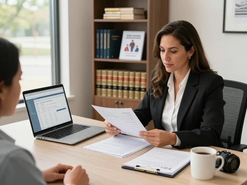 Maryland divorce lawyer Vanessa R. Dozier assisting clients in a bright, professional office environment.
