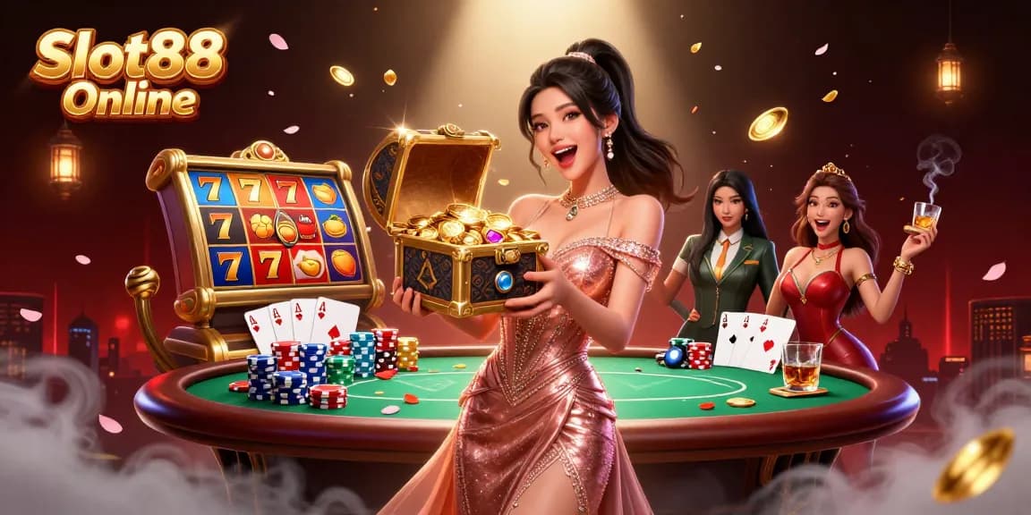 Rasakan Slot88 Online dengan gulungan slot yang mendebarkan dan harta glamor dalam ilustrasi kasino yang menarik.