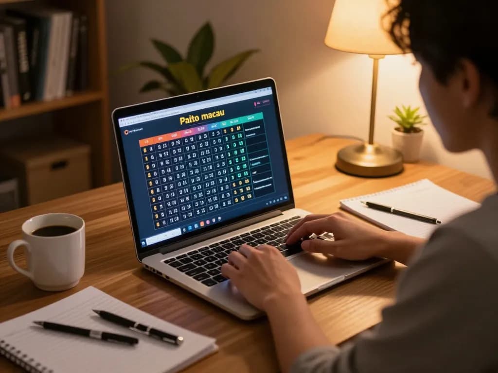 Paito macau data displayed on laptop screen during responsible online gaming in a cozy setup.