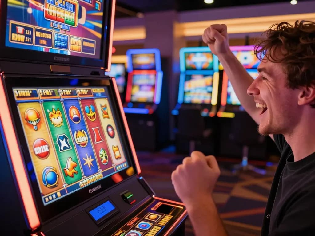 Player celebrating a win on vibrant slots not on Gamstop, showcasing excitement and joyful ambiance.