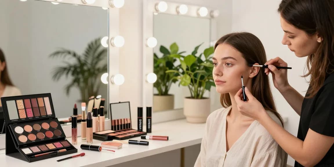 Skone Cosmetics natural everyday makeup application showcasing vibrant shades in a modern studio setting, highlighting makeup wholesale potential.