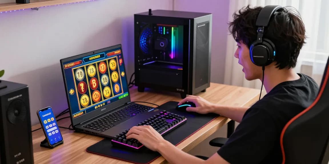 Player enjoying a slot depo 1k game with vibrant gaming setup, expressing excitement.