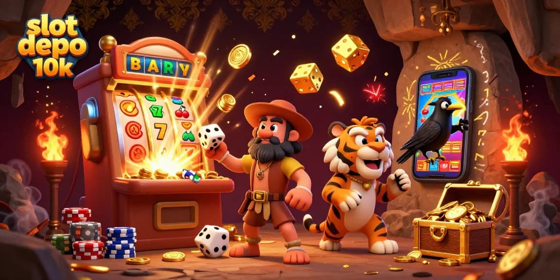 Win big with slot depo 10k in this vibrant 3D casino illustration featuring fun characters and exciting game elements.