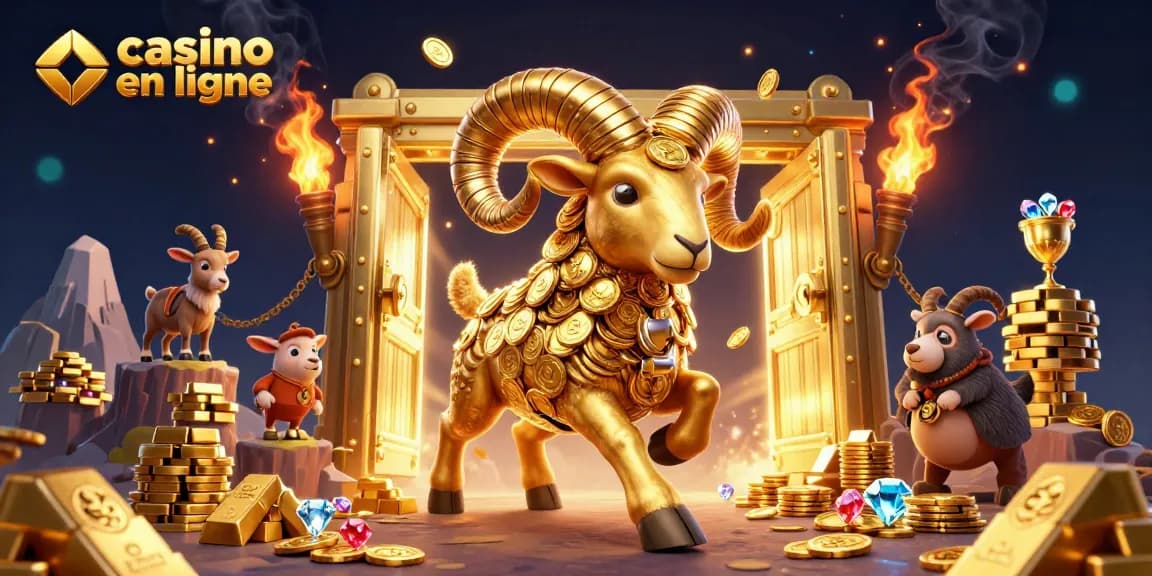 Casino en ligne avec un bélier doré massif et un coffre de trésor explosant de lumière d'or.