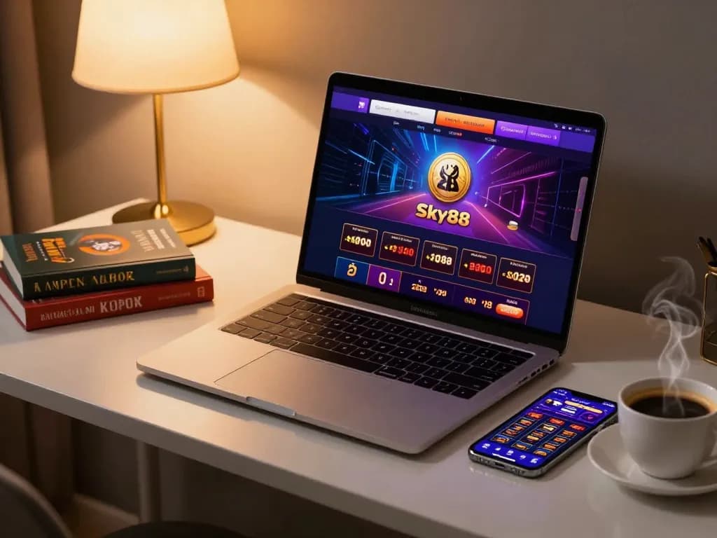 Engaging player using Sky88 online casino interface on laptop while enjoying a relaxed home gambling atmosphere.